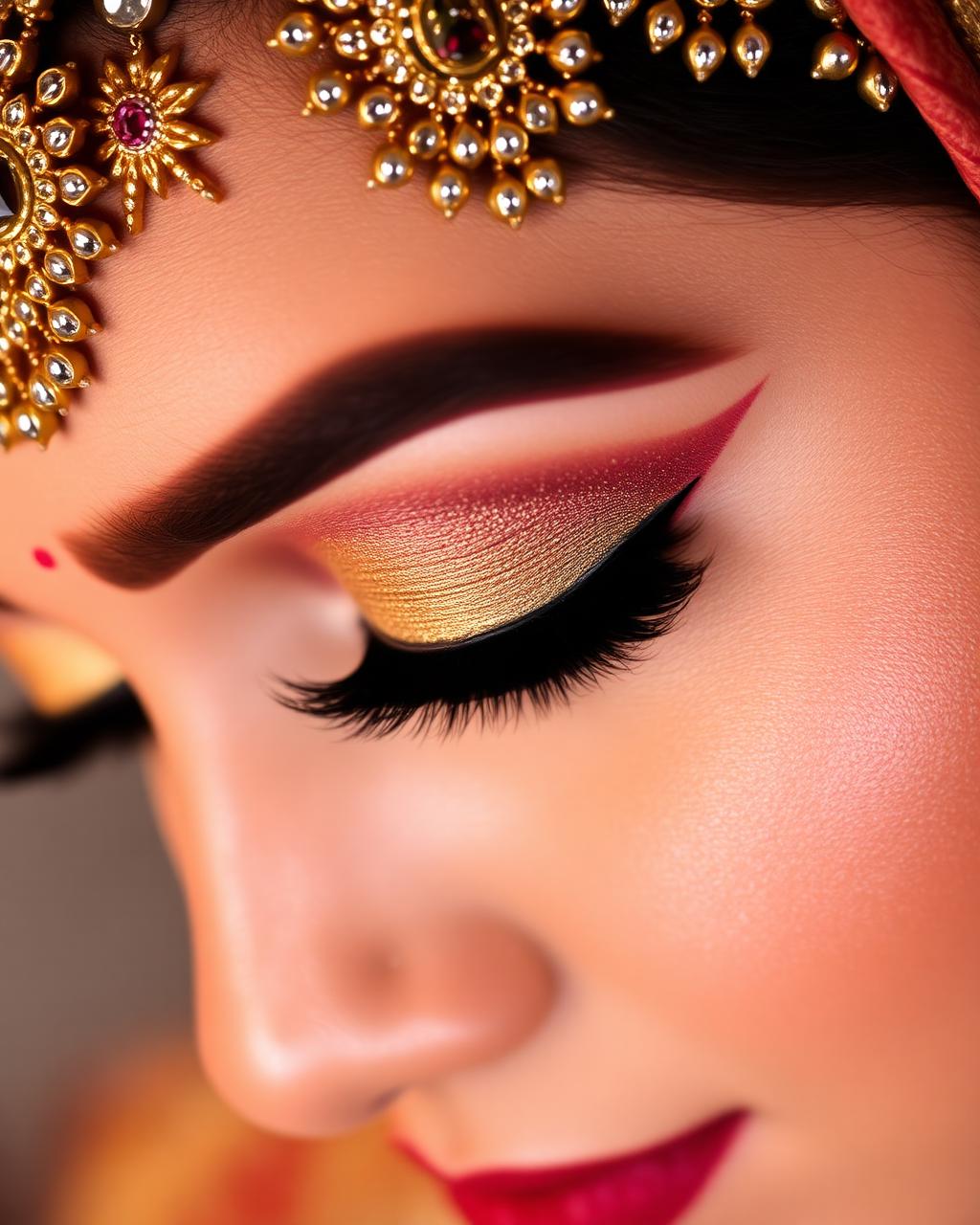 Close-up bridal eye makeup with gold shimmer