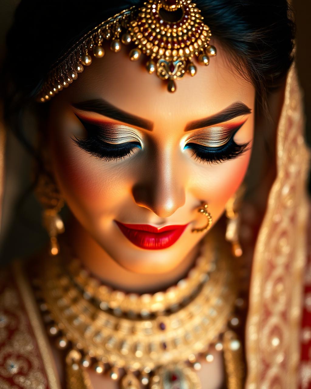 Bridal makeup portrait — gold eyeshadow and red lips