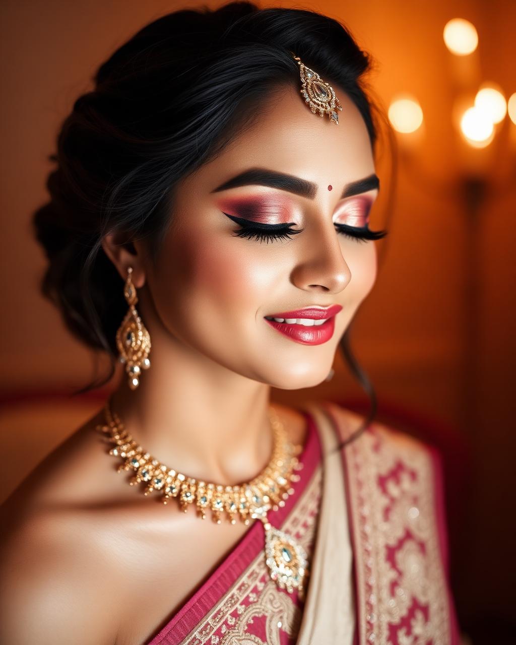 Elegant engagement makeup with rose gold tones